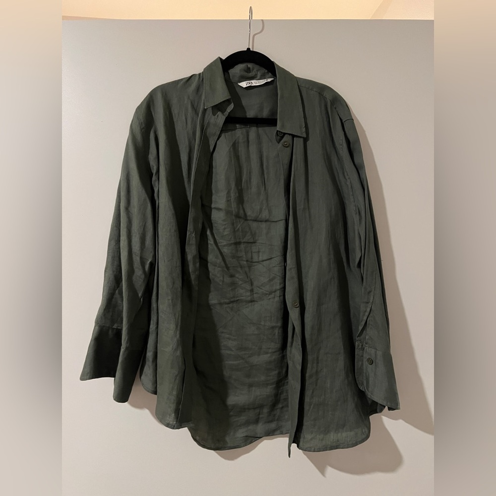 ZARA / OLIVE GREEN LINEN SHIRT / SIZE S